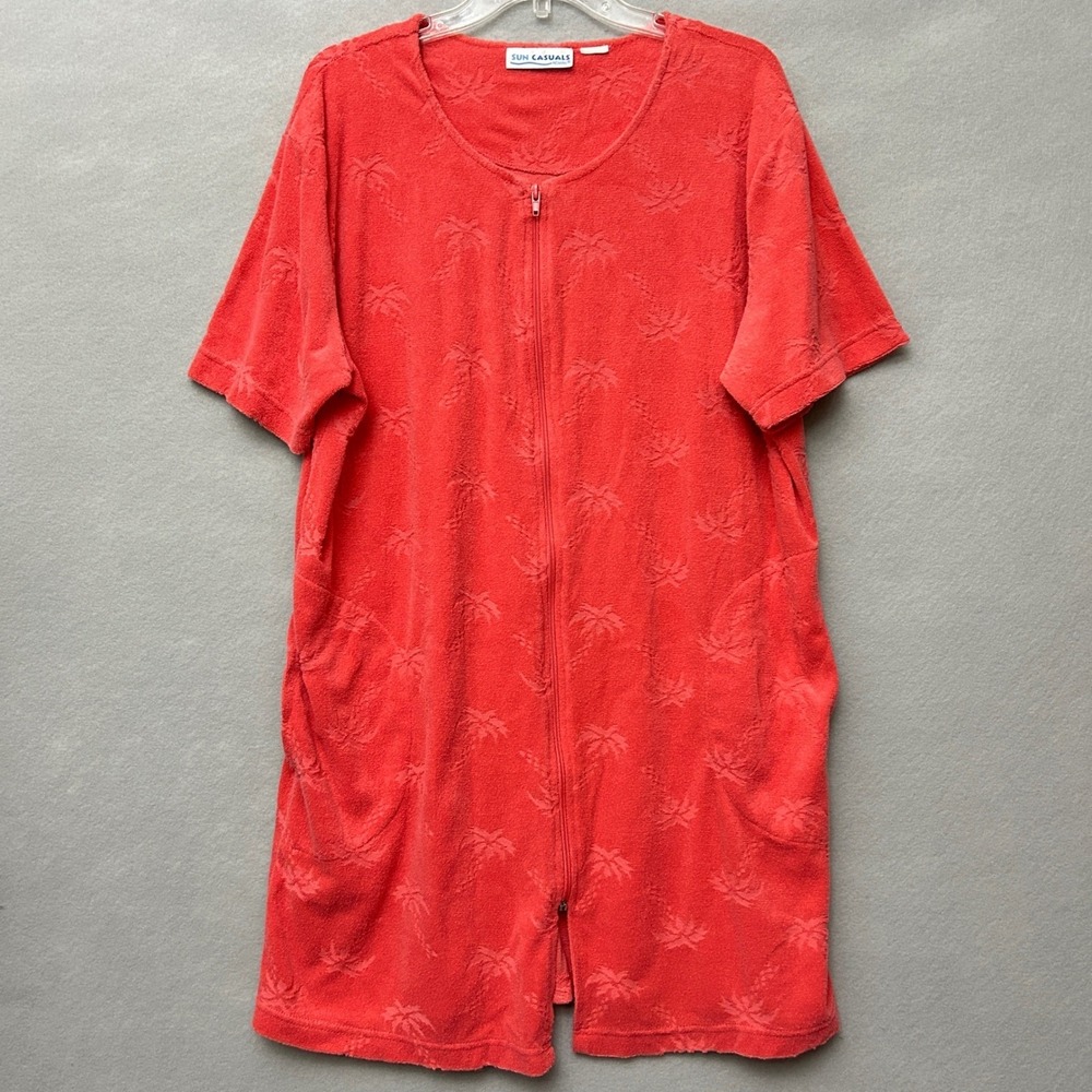 Sun Casuals Women 1X-2X Terry Cloth Cover Up Coral Palm Tree Zip Pocket